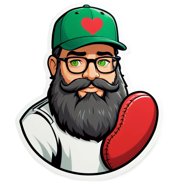 A bold man with a grey baseball cap, green eyes, big beard and glasses holding heart emoji