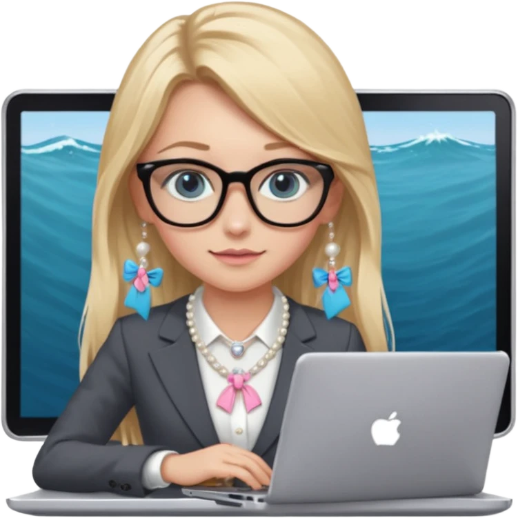 Please take the girl with laptop emoji and make her glassess light brown, her eyes ocean blue and her nose a bit smaller and pointier and she has blonde very long hair and a dark grey suit and pearls necklace, and has a laptop in fron of her and a tiny pink bow on the left side of her head emoji