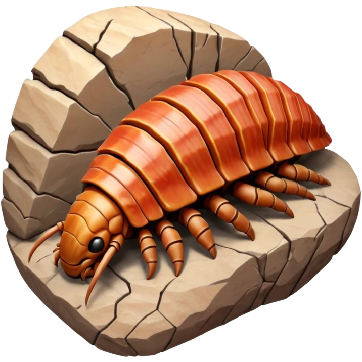 3D render of Trilobite, embedded in a chunk of rough sedimentary rock, cracked stone texture, ancient fossil aesthetic, fossilized in reddish sandstone rock, matte dry finish, Apple emoji style, isolated on white background --v 6.0 emoji