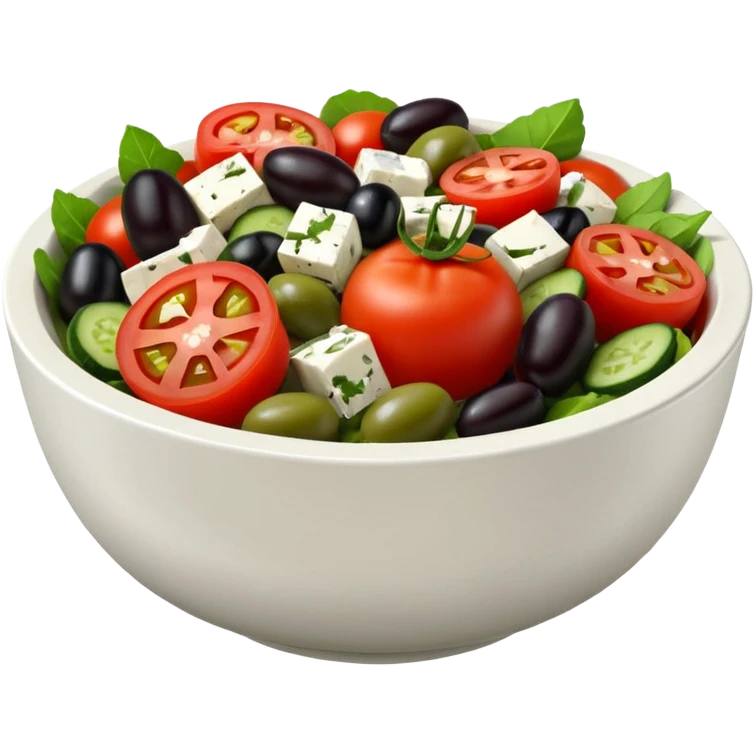 mediterranean salad bowl object icon, tomatoes, cucumbers, olives, feta cheese, olive oil dressing, 3D cartoon, mobile game icon style, clean background, no text, no watermark
 emoji