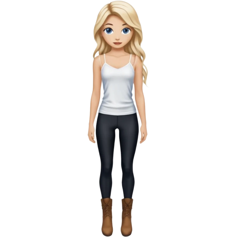 2yk Blonde model silk balayage long hair herringbone braid women with blue eyes wearing White Spaghetti top and black Leggins and Boots with heels emoji