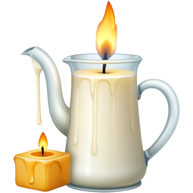 Candle making icon, candle with a wick, melting wax, wax blocks, pouring jug, wick holder, minimalistic style, clean lines, transparent background. emoji