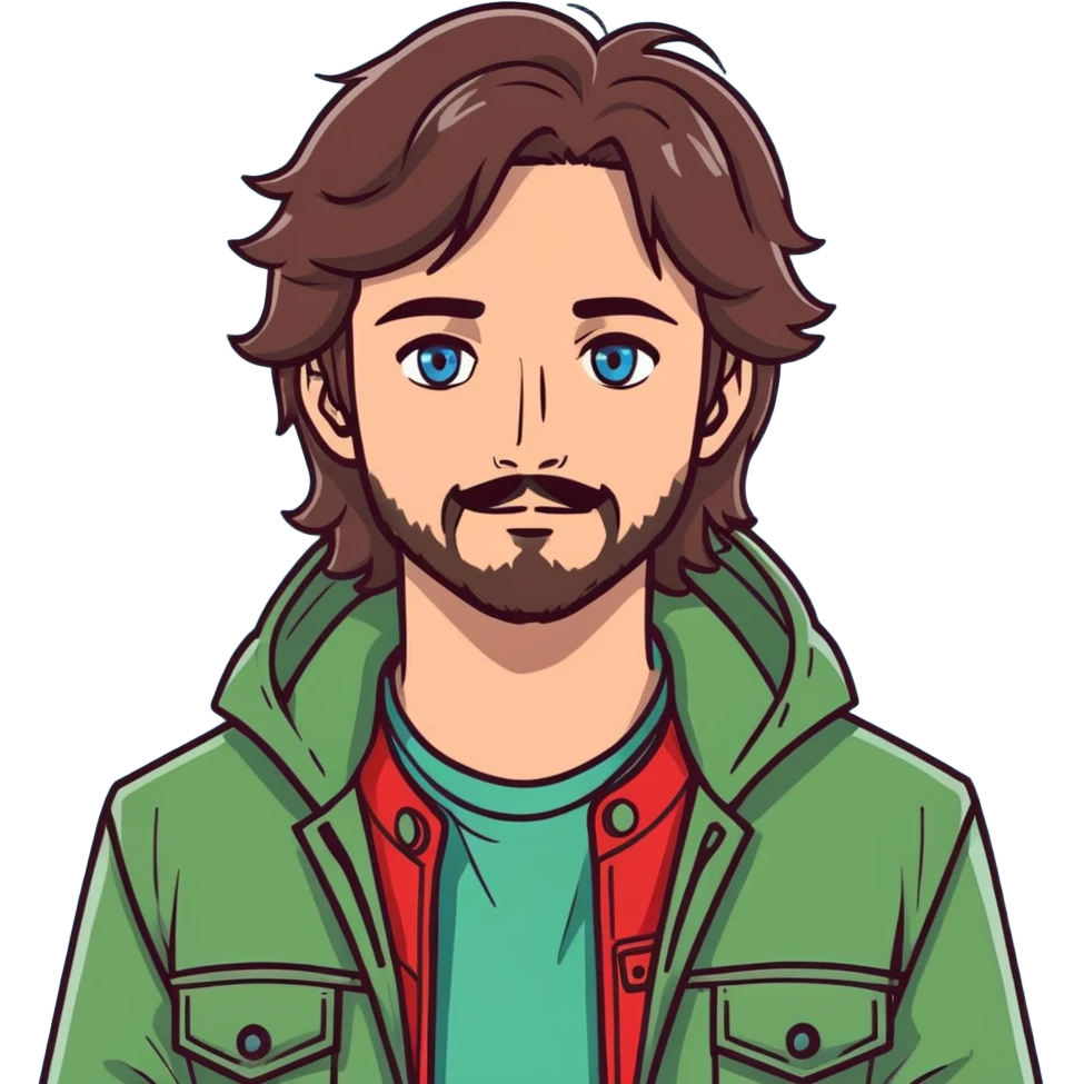 male with long messy brown hair, small facial hair, greyish blue eyes, wearing a green jacket emoji