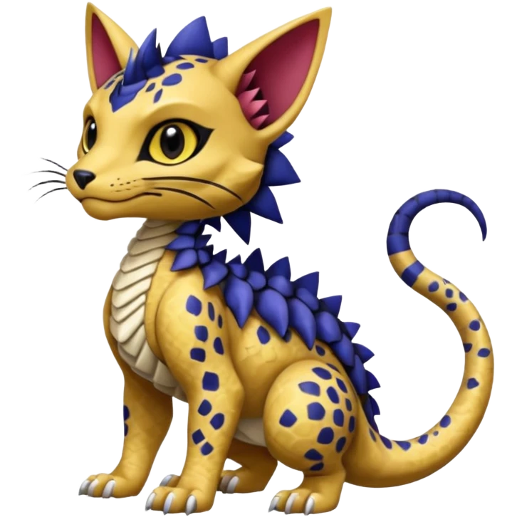 Egyptian scaly cute realistic with black rosette-splotches, scaley Bastet-Liepard-Noibat-Gatomon-Garchomp-Digimon-Fakémon-Pokémon-creature (full body) emoji