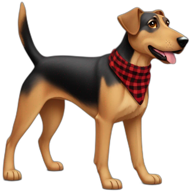 adult 75% Coonhound 25% German Shepherd mix dog with visible tail wearing small pointed red buffalo plaid bandana full body walking left quickly emoji