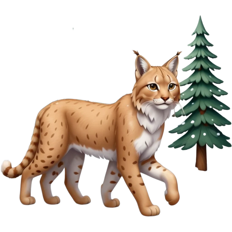 Eurasian Lynx walking in the snow beautiful aesthetic, snowy ground, snow falling around, wooden pine trees in the background, full aesthetic scenic image scenery realistic photo realism emoji