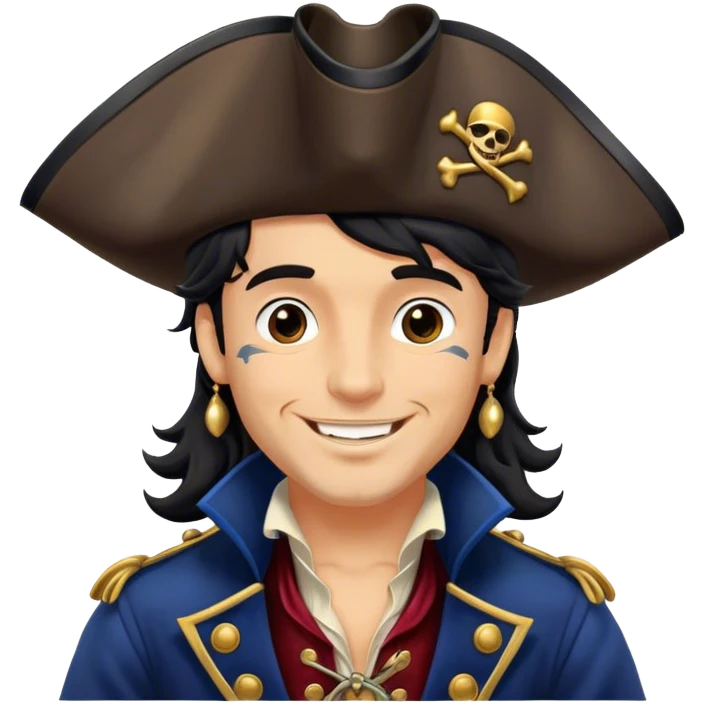 A charming man pirate with wavy black hair, wearing a decorated tricorn hat and a velvet coat, smiling confidently emoji