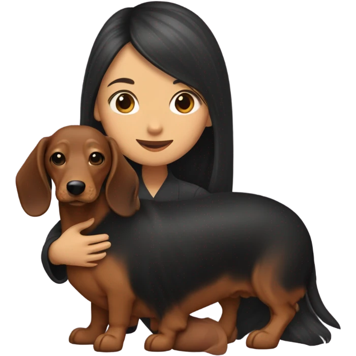 an Asian girl with long hair, hugging a black and tan long haired dachshund with a branch in its mouth emoji