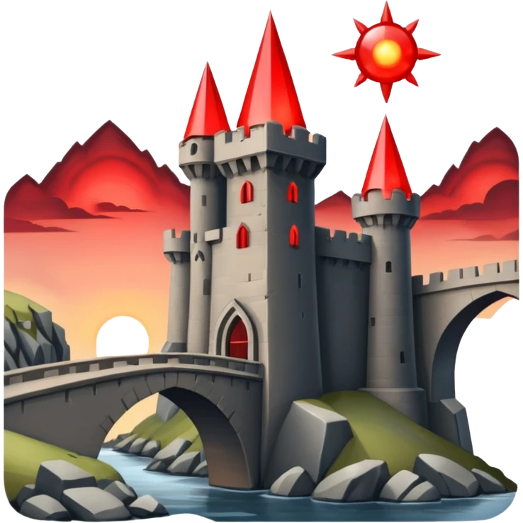 Evil Fortress witch Red Beacon shooting into sky and bridge, two towers emoji