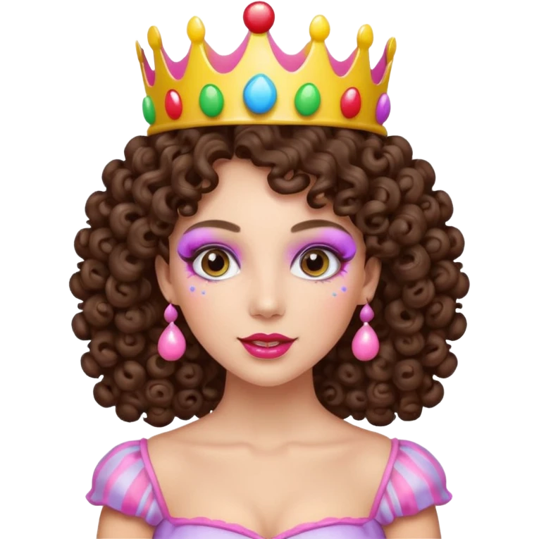 brunette curly haired queen of the candyland, with candy makeup candy crown and just face emoji