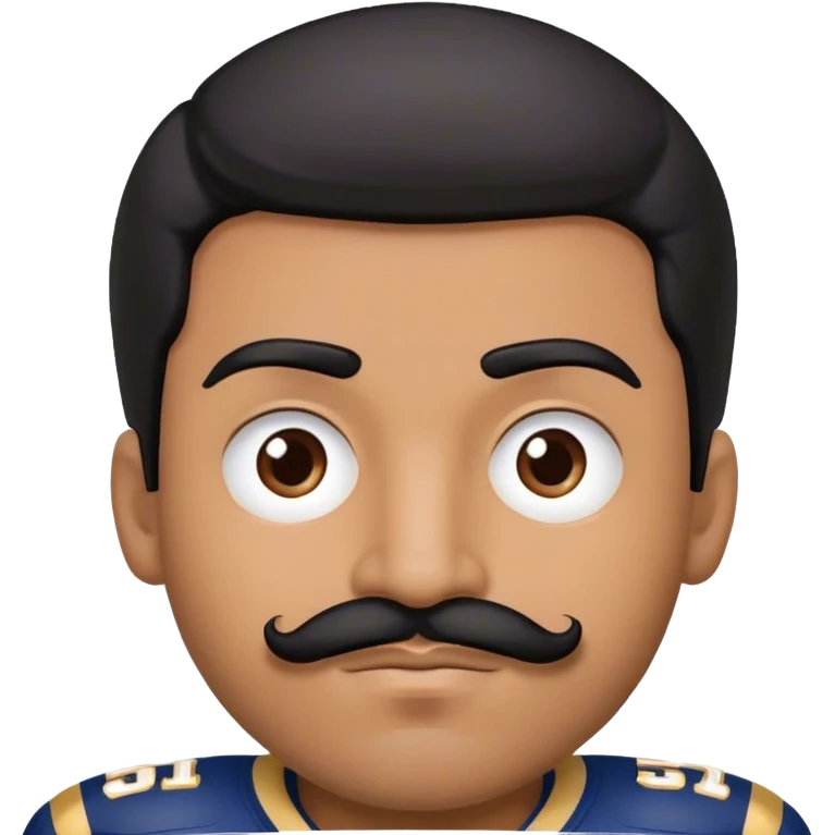 Chill guy in LA Rams jersey  with nu.ber 52. Black hair black mustache.  Brown complexion  emoji