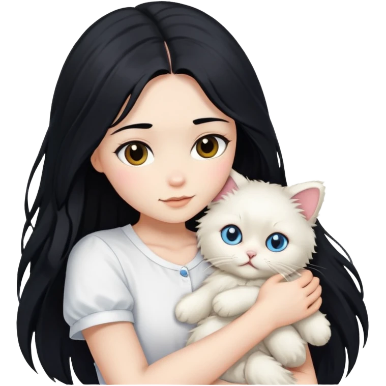 A beautiful girl with long black hair wearing a white short-sleeved shirt hugs a ragol emoji