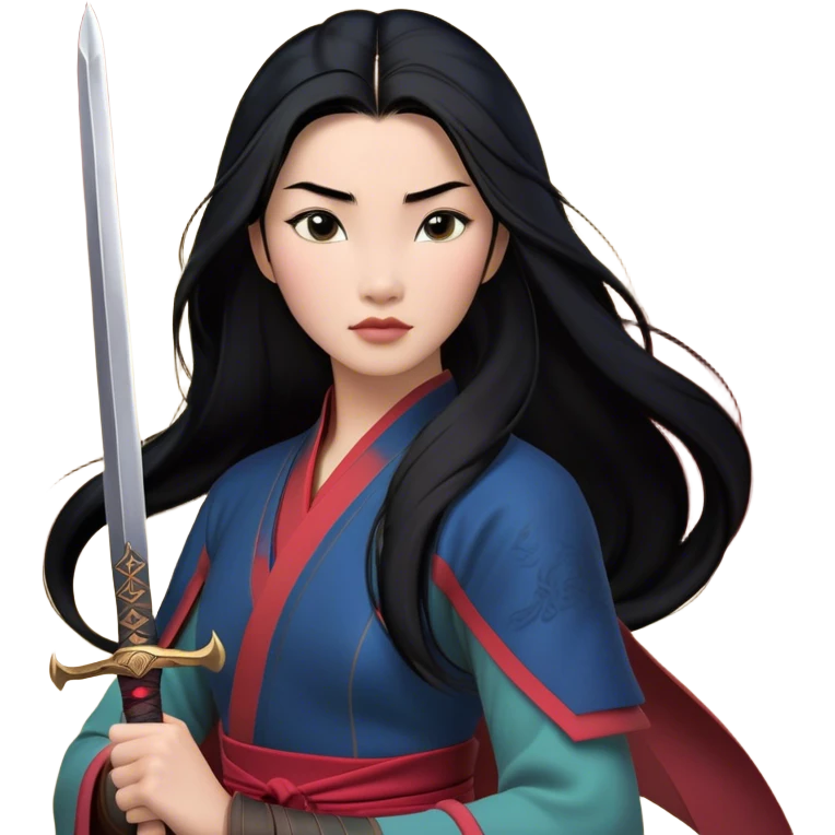 Cinematic Realistic Mulan Portrait, depicted with lifelike skin texture, soft natural lighting, and intricately detailed long black hair styled elegantly. Her deep, expressive eyes exude determination and grace, complemented by a serene yet confident expression. She stands with one hand resting on the hilt of her sword, the other by her side, exuding strength and poise. She is dressed in her classic attire, with rich fabric textures and delicate folds that catch the light beautifully. The portrait features a soft, enchanting glow with a natural, radiant finish, capturing the essence of timeless strength and beauty in a realistic and painterly style, evoking a sense of depth and authenticity. emoji