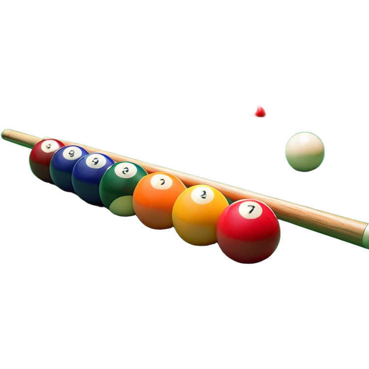 A close-up of a billiard table with a cue stick lined up to strike a colorful set of balls. The focus is on the precision of the shot, with the table’s green surface and the triangular arrangement of balls, creating a dynamic scene of strategy and concentration in the game of billiards. emoji