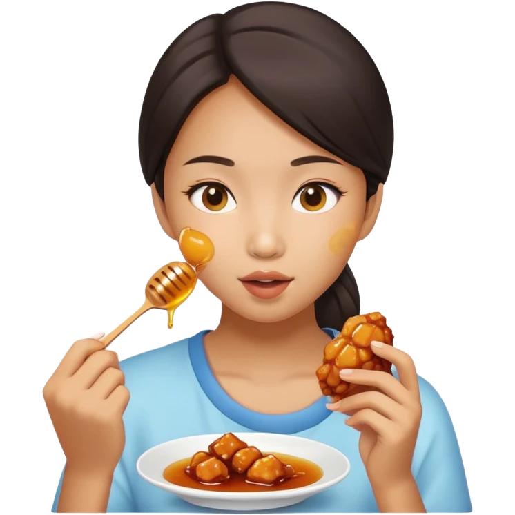 Asian girl eating honey chicken emoji