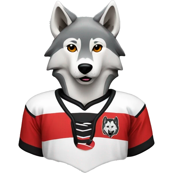 A wolf in a red black and white hockey uniform with a wolf emblem emoji