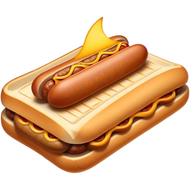 Sausage Sizzle Cinematic Realistic Sausage Sizzle Dish Emoji, depicted as a sizzling sausage tucked into a triangular slice of bread, rendered with rich textures and dynamic, warm lighting. emoji