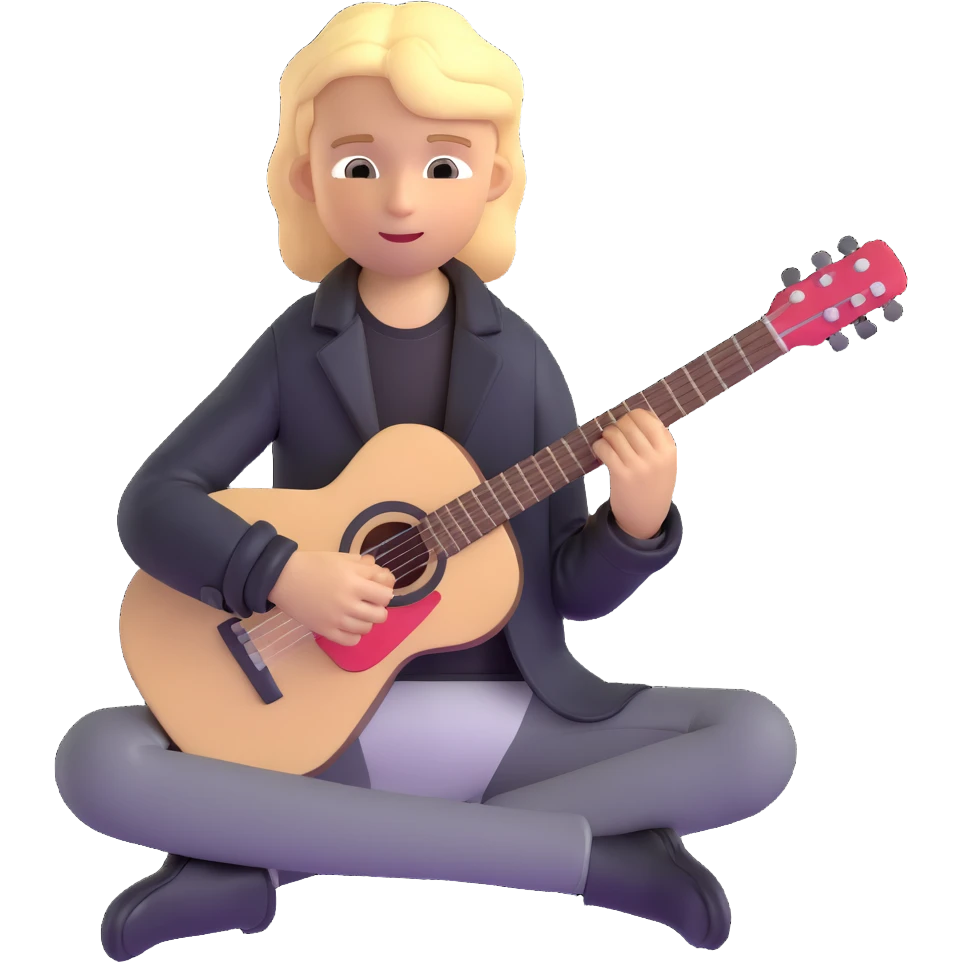 young blonde boy in a black jacket, sitting and playing a guitar emoji