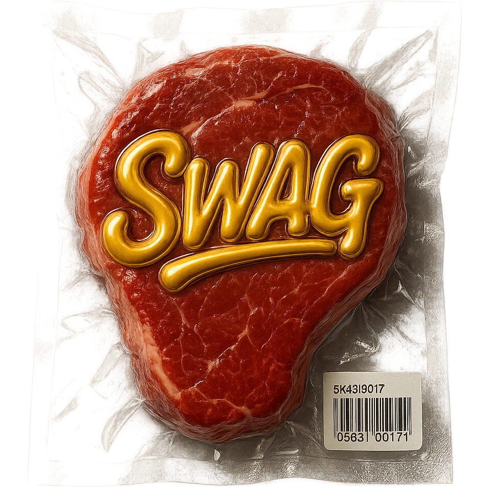 steak with gold script 'SWAG' written across, glossy and puffy, vacuum-sealed style emoji
