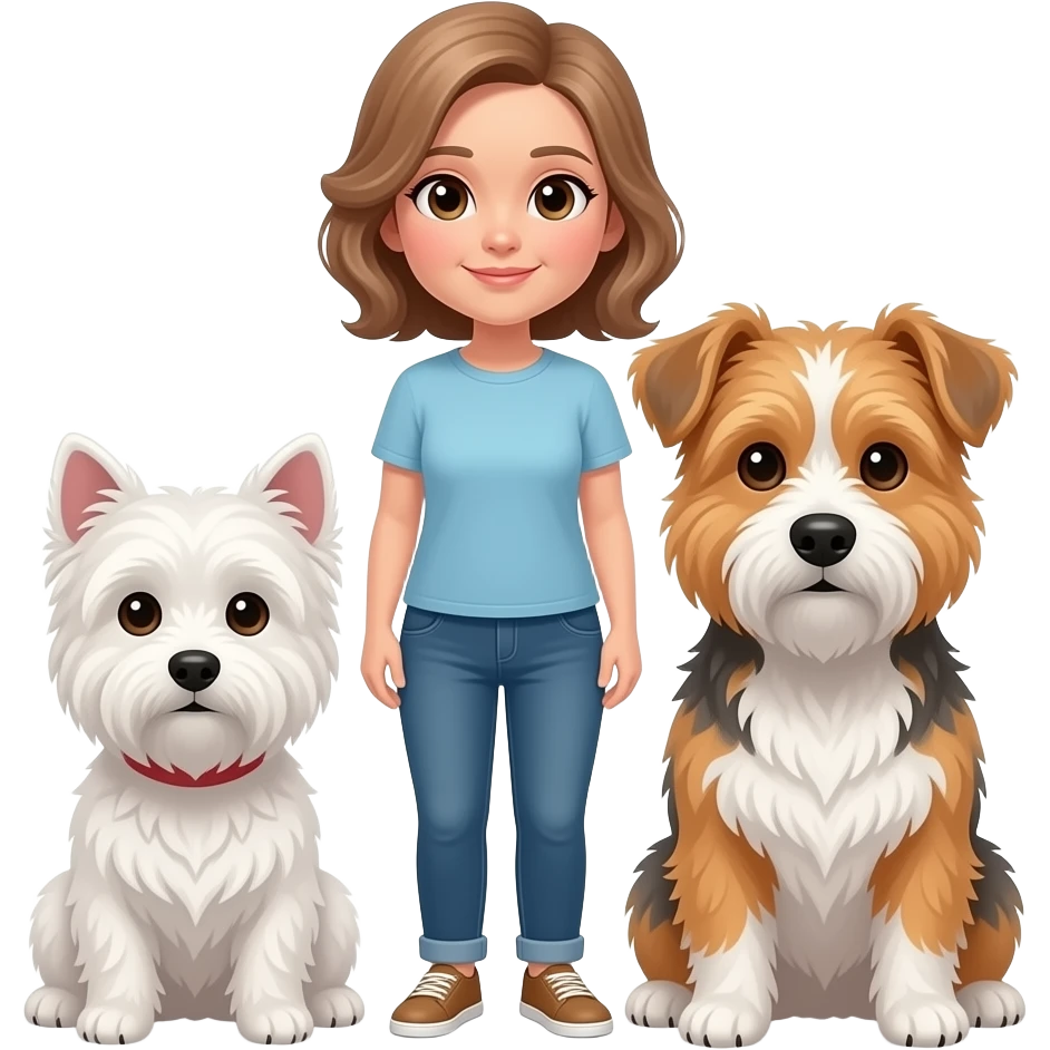 Middle age woman brown eyes , shoulder length light brown hair, with a female westie and a male westie emoji