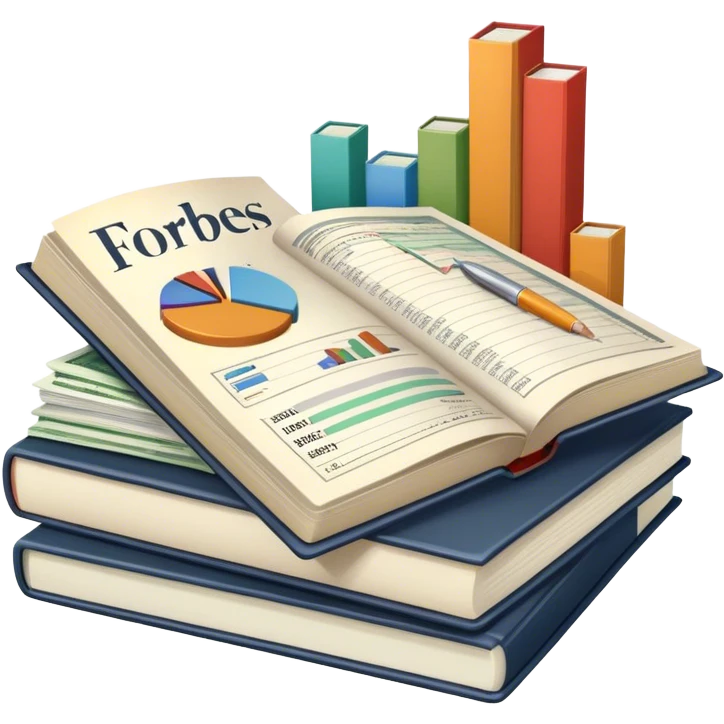 Icon for Business Reading: an open book with graphs, numbers, percentages, formulas, and text on the pages, next to a stack of books, a pile of dollars, a calculator and business magazines like Forbes. Transparent background. emoji