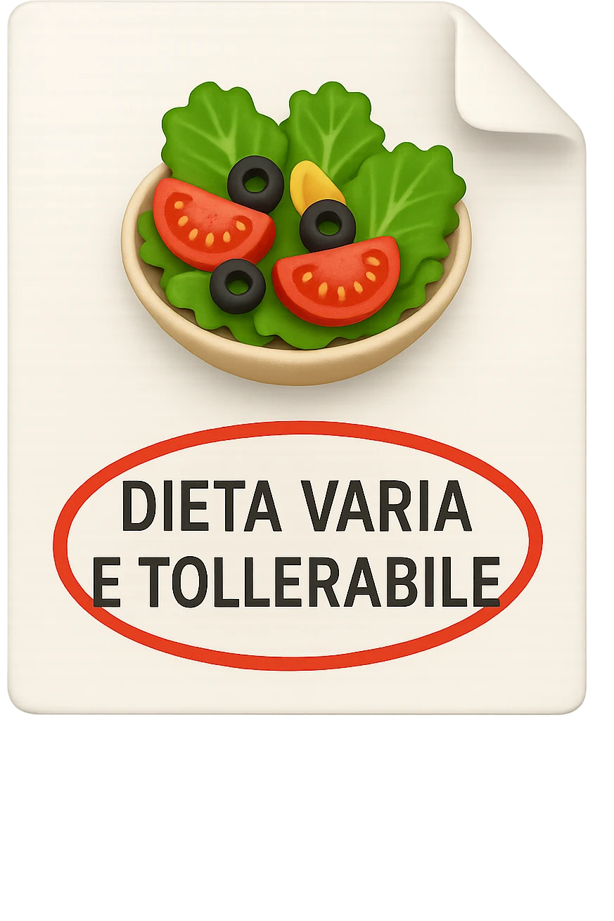 emoji stile iphone di un foglio con un insalata disegnata sopra e la scritta "DIETA VARIA E TOLLERABILE" CERCHIATA IN ROSSO, iperrealistico 4k, isolato su sfondo bianco emoji