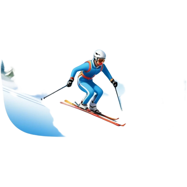 An icon featuring snowy peaks, pine trees, and a picturesque mountain landscape with a skier racing down a snow-covered slope, The sky is blue with soft clouds, capturing the thrill and beauty of alpine skiing. Transparent background highlights the excitement and serenity of winter sports. emoji
