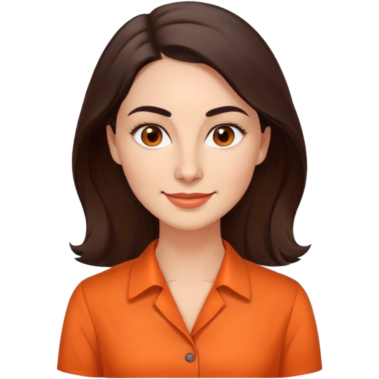 Professional woman in her 30s with light complexion, oval face, gentle features, large dark brown eyes, well-formed medium eyebrows, small nose, warm friendly smile, long slightly wavy dark brown hair, wearing a bright orange dress shirt emoji