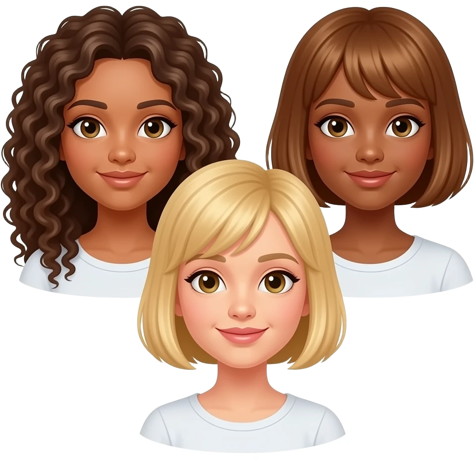 Three girls two curly brunettes one with longhair one with short, and a blonde with short straight hair. emoji