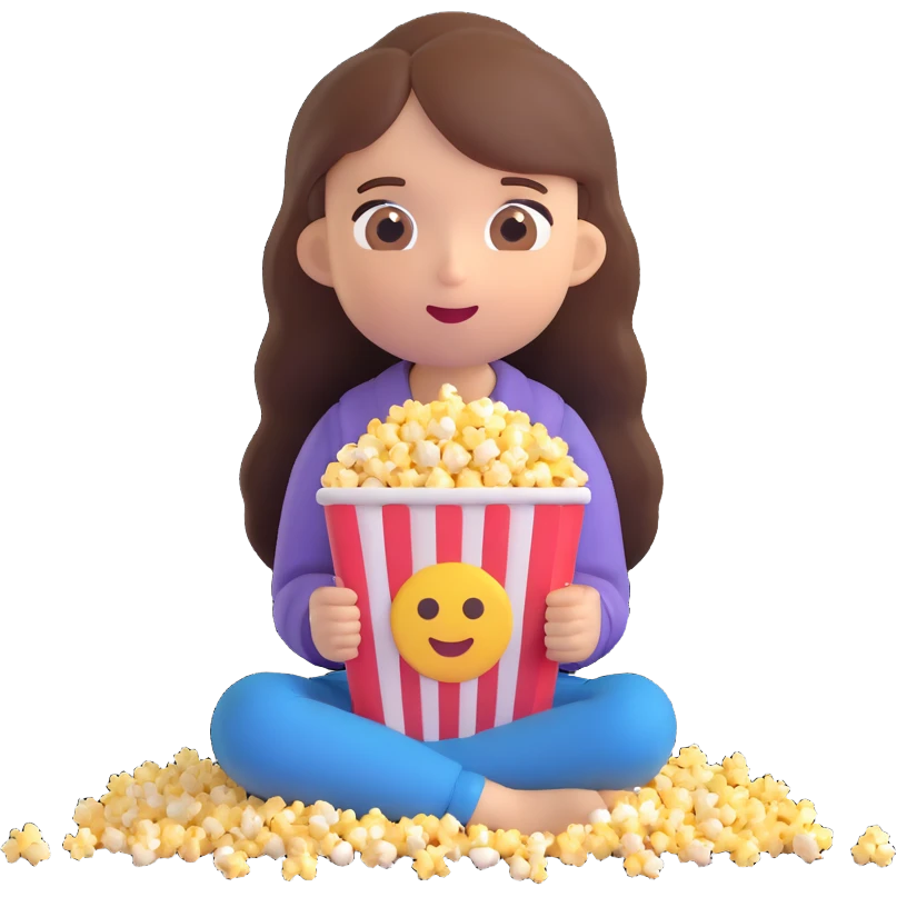 white girl with long hair eating popcorn on the floor, emoji style emoji