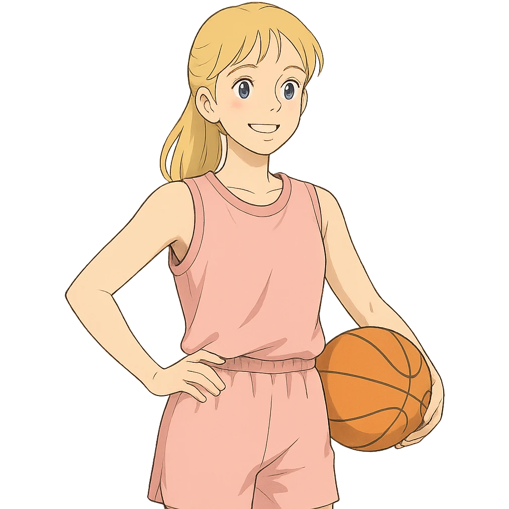 blonde white female basketball player wearing pastel pink basketball uniform holding orange basketball on hip smiling ghibli inspired style no text emoji