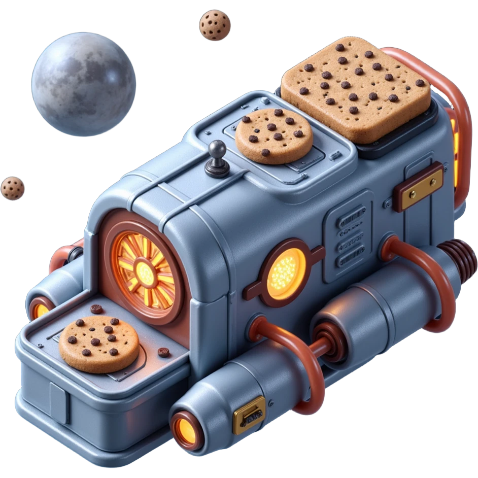 Outside view of a half-spaceship cookie factory floating in orbit, metallic hull with cookie insignia, glowing pipes connecting modules, stars and planets in the background, emoji-style emoji