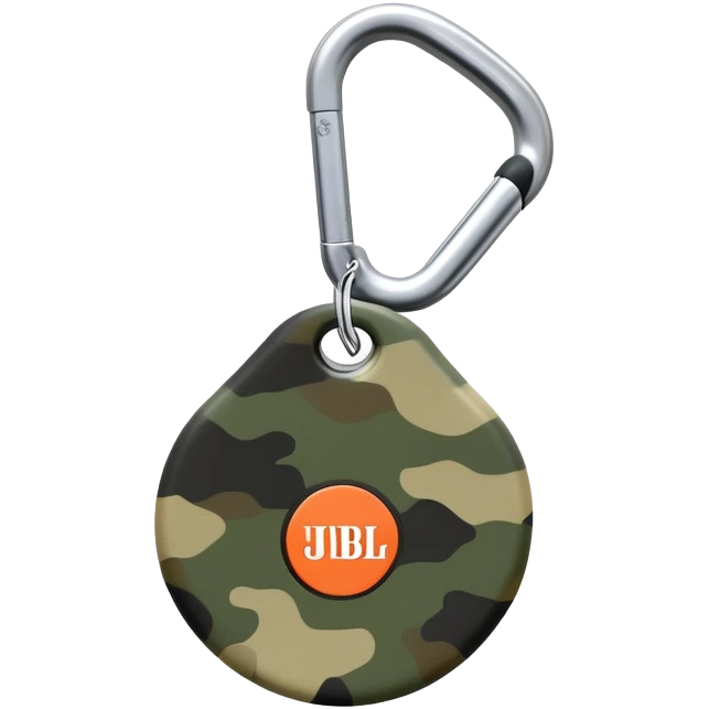 Extremely simplified JBL Clip 4, flat design with subtle camouflage pattern, single carabiner hook, iOS emoji style emoji