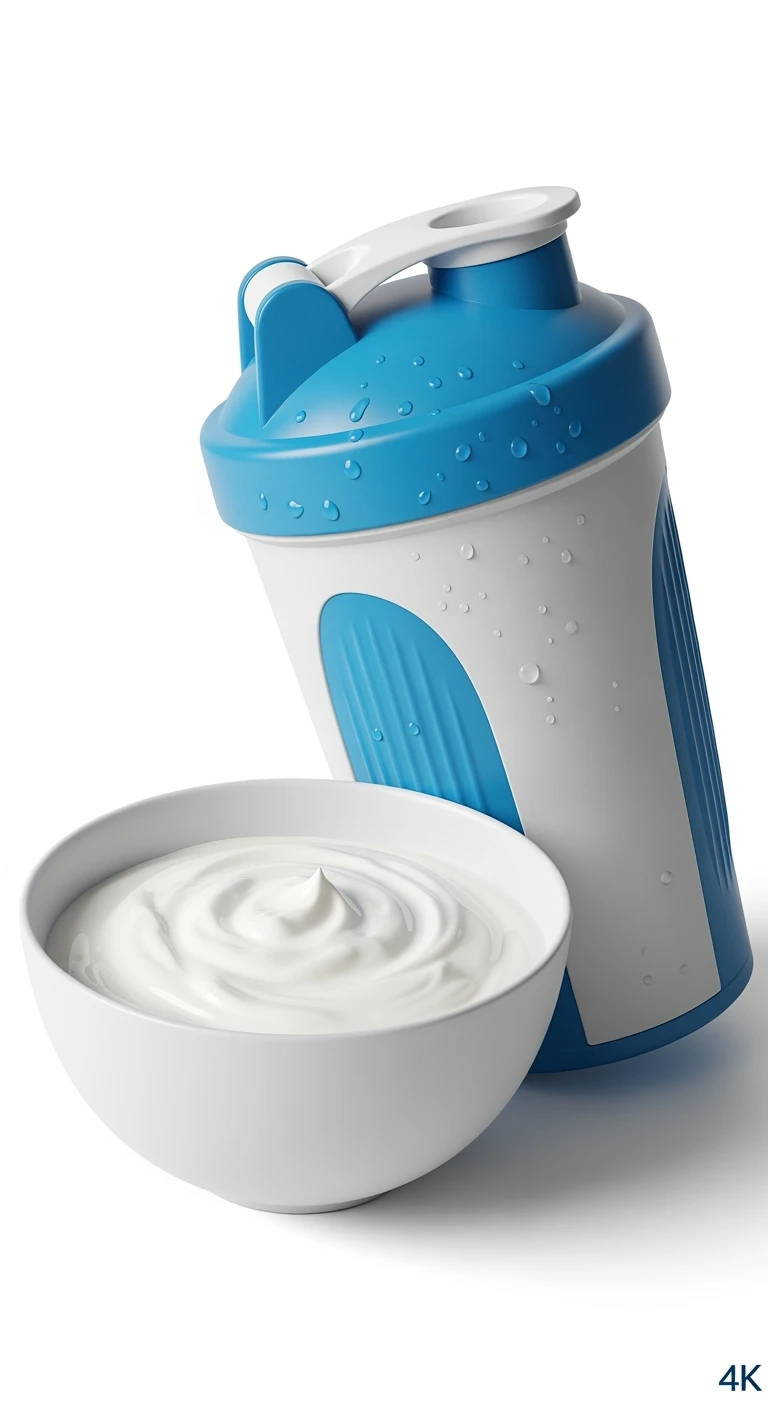 SHAKER PROTEICO E BOWL DI YOGURT GRECO, iperrealistico 4k, ISOLATA SU SFONDO BIANCO emoji