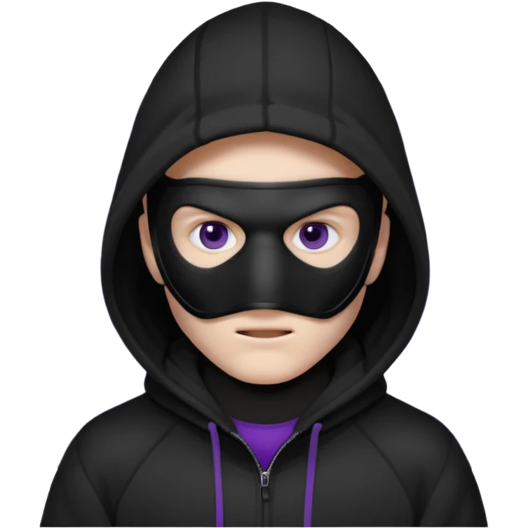 non human male cartoon character related to a shadow, with all black clothes, focusing a black hoodie, and a black hockey face mask covering his entire face, just his purple shadow eyes making a light bloom, no background emoji