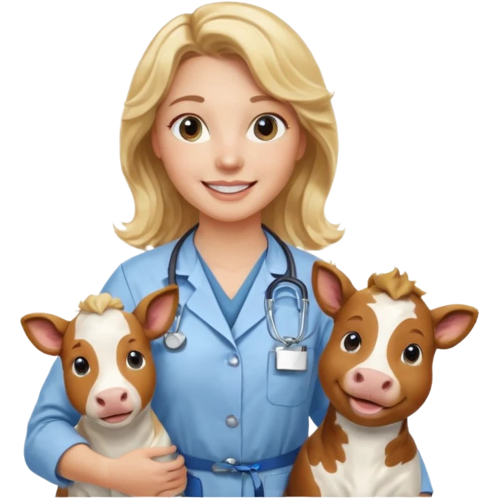 Joven mujer, de cabello bajo los hombros rubio con ondas y partidura al medio.  veterinaria de perros, vacas y caballos, con traje clínico celeste, sin delantal blanco emoji