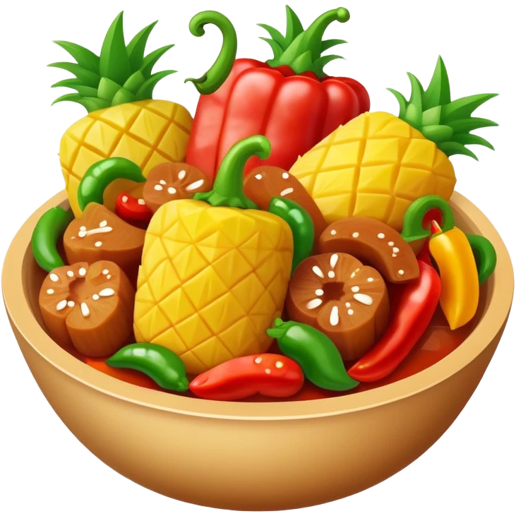 Sweet and Sour Pork with pineapple and bell peppers, simplified emoji style with bold outlines and bright colors, cartoon style Gu Lao Rou popular dish emoji