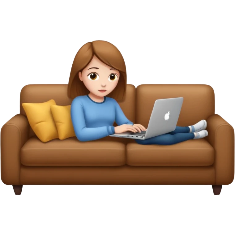 A girl is working with a laptop while lying on the sofa emoji