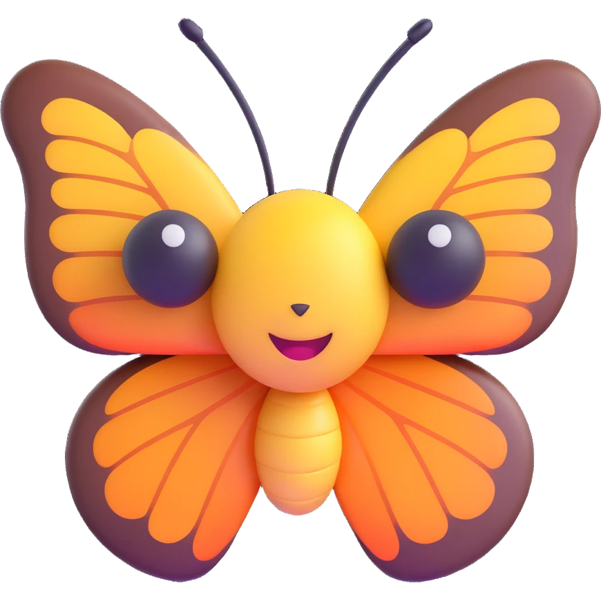 a butterfly in 3D emoji style, smooth and shiny with a cute face emoji