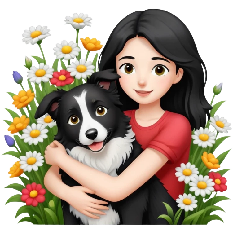 A girl happily hugs a black and white border collie in the flowers emoji