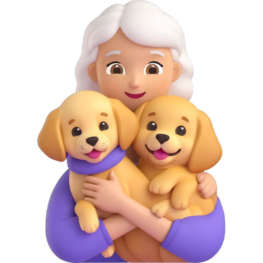 Combine the grandmother emoji with a golden retriever puppy in her arms, matching the 3D emoji style with a transparent background. emoji