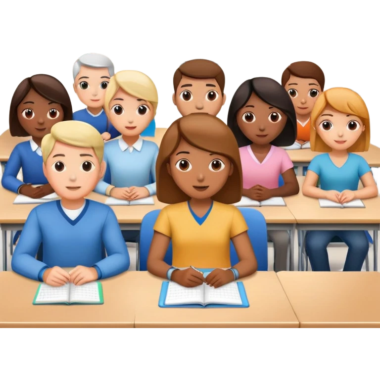 adults sitting in a classroom facing a screen emoji
