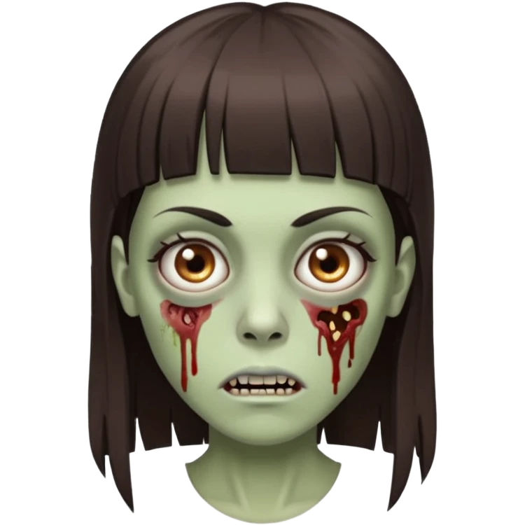 Tenho uma franja vegana, sombrancelha reta e fina, um rosto oval e meu cabelo é grande e castanho escuro. Faça no estilo zumbi  emoji