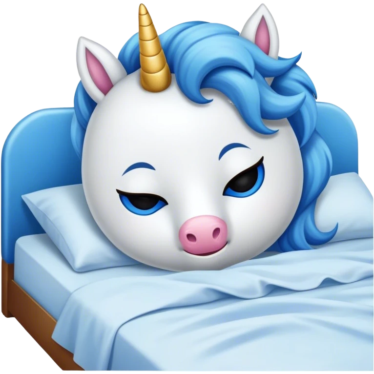 Um unicórnio dormindo em uma cama com uma toca de dormir e uma mascara de dormir emoji