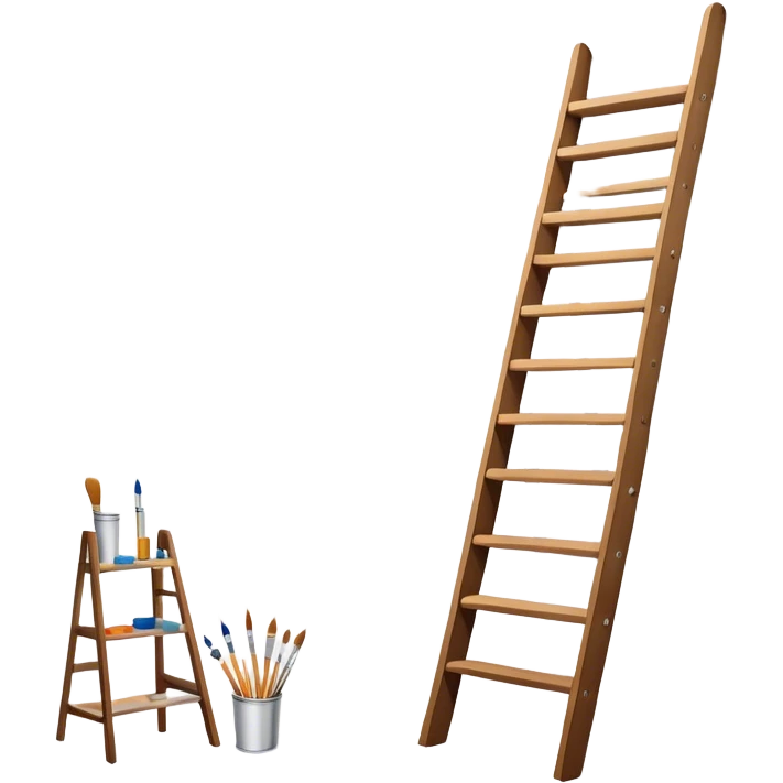Wall painting icon, hand-painted mural on a wall, visible paintbrushes, paint pots, and ladder, intricate patterns or designs in progress, minimalistic style, clean lines, transparent background. emoji