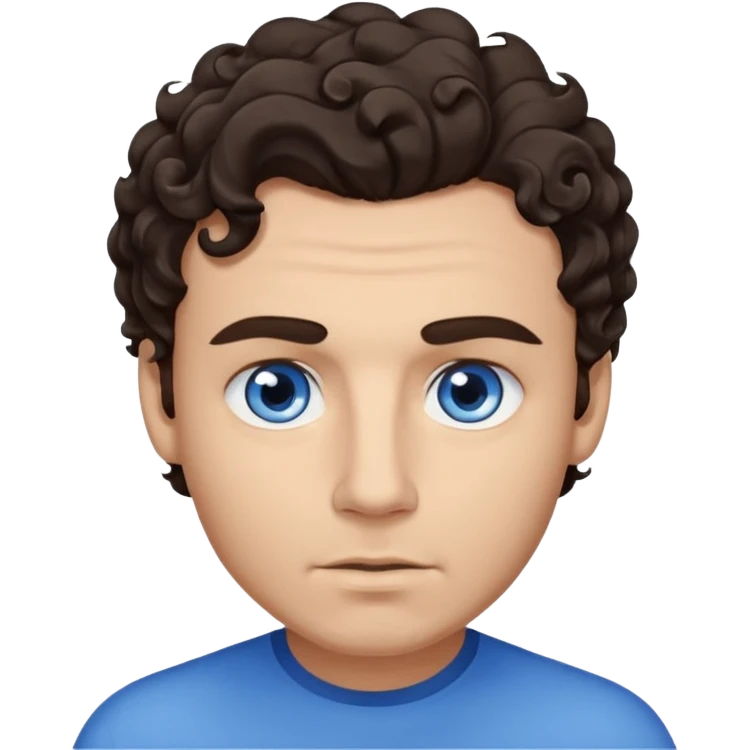 A man emoji with light skin, wavy dark brown hair styled with a curl falling on his forehead, thick dark eyebrows, striking blue eyes, a straight nose, and a clean-shaven face with a neutral expression. emoji