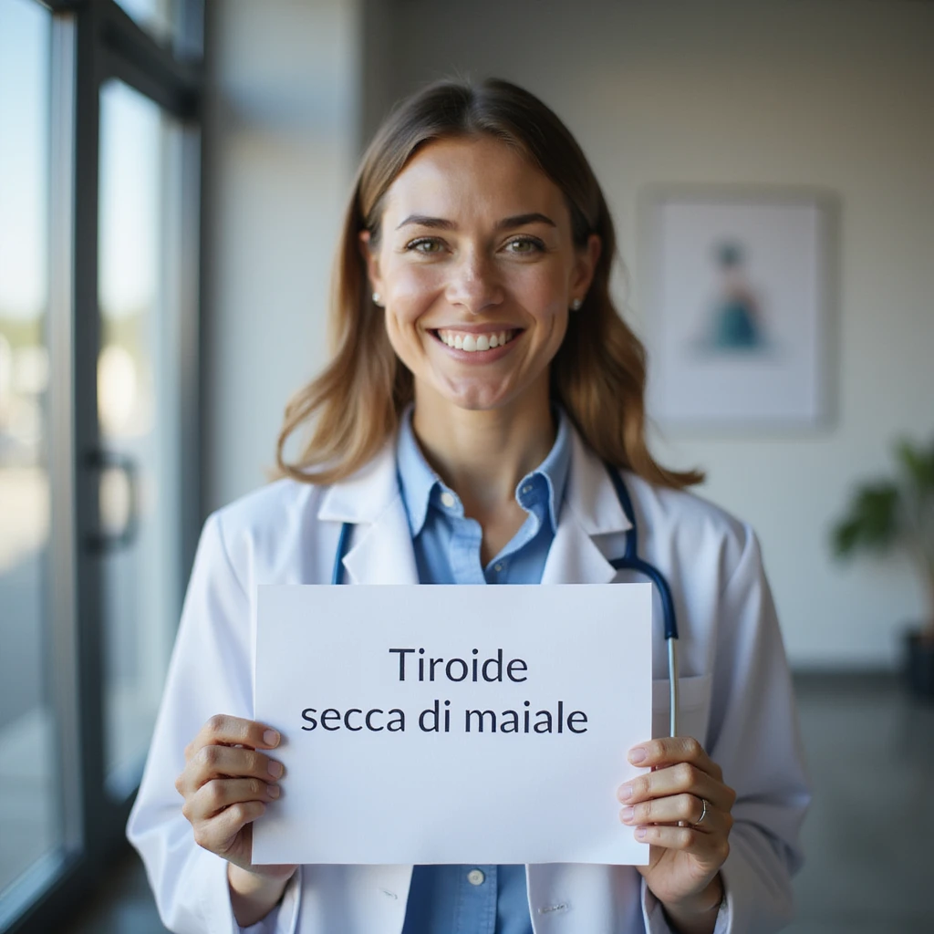 hyperrealistic 4K image of a woman showing a satisfied expression holding a recently received medical prescription with the text 'Tiroide secca di maiale', clinical environment, natural light emoji
