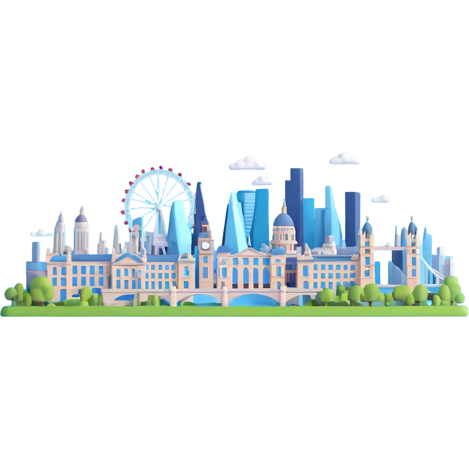 London cityscape with Big Ben and red double-decker bus emoji