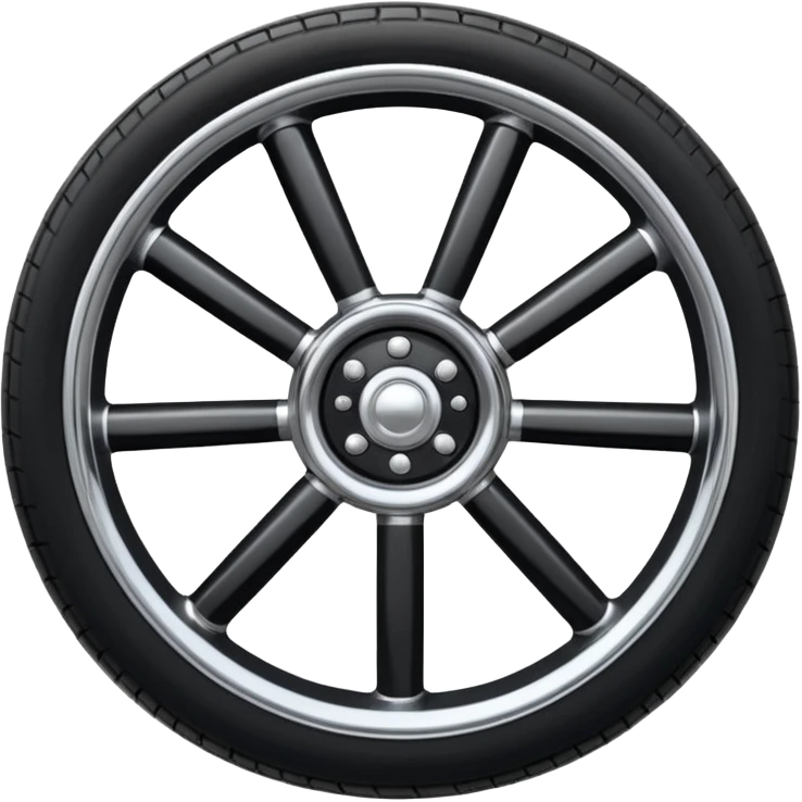 Front-view realistic wheel, perfectly symmetrical, short evenly spaced spokes, thick wide outer rubber rim, heavy solid look, clean design, centered. emoji