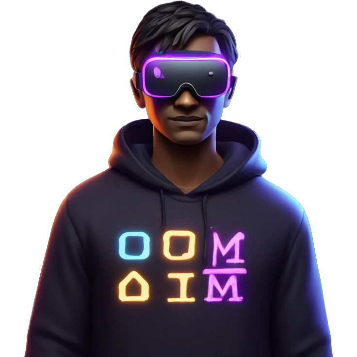 Harry Potter wearing a black hoodie with "OMG" letters on it and VR headset oculus quest 2 in a cyberpunk VR environment with violet neon lighting. emoji